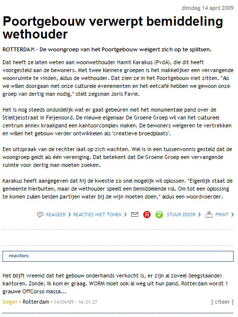 2009 POORTGEBOUW VERWERPT BEMIDDELING WETHOUDER